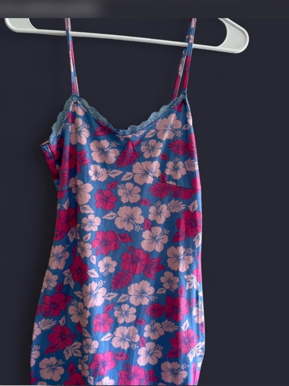 Floral Lace-Trim Satin Slip Dress - Pink & Blue